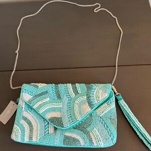 Bijou Brigitte Beaded Clutch Crossbody – Teal + Mint Art Deco Beadwork (NWT) 💎
